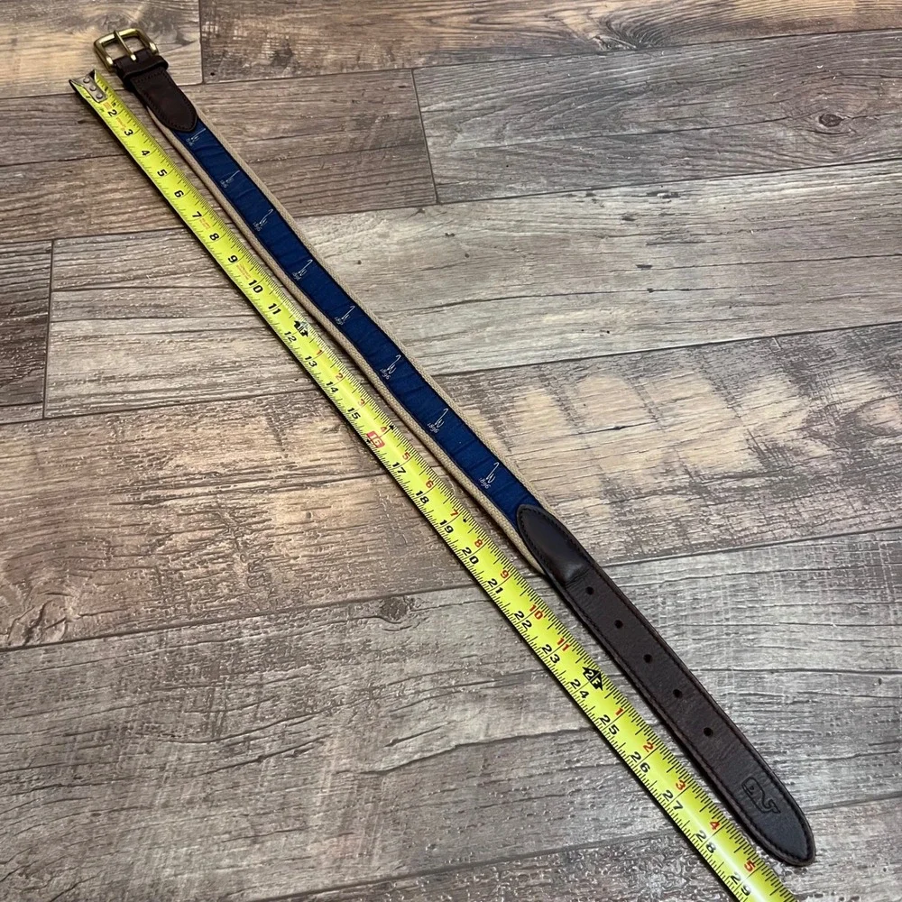 Vineyard‎ Vines Kids Canvas Club Belt Khaki Navy Blue W 1896 Leather Brass 24